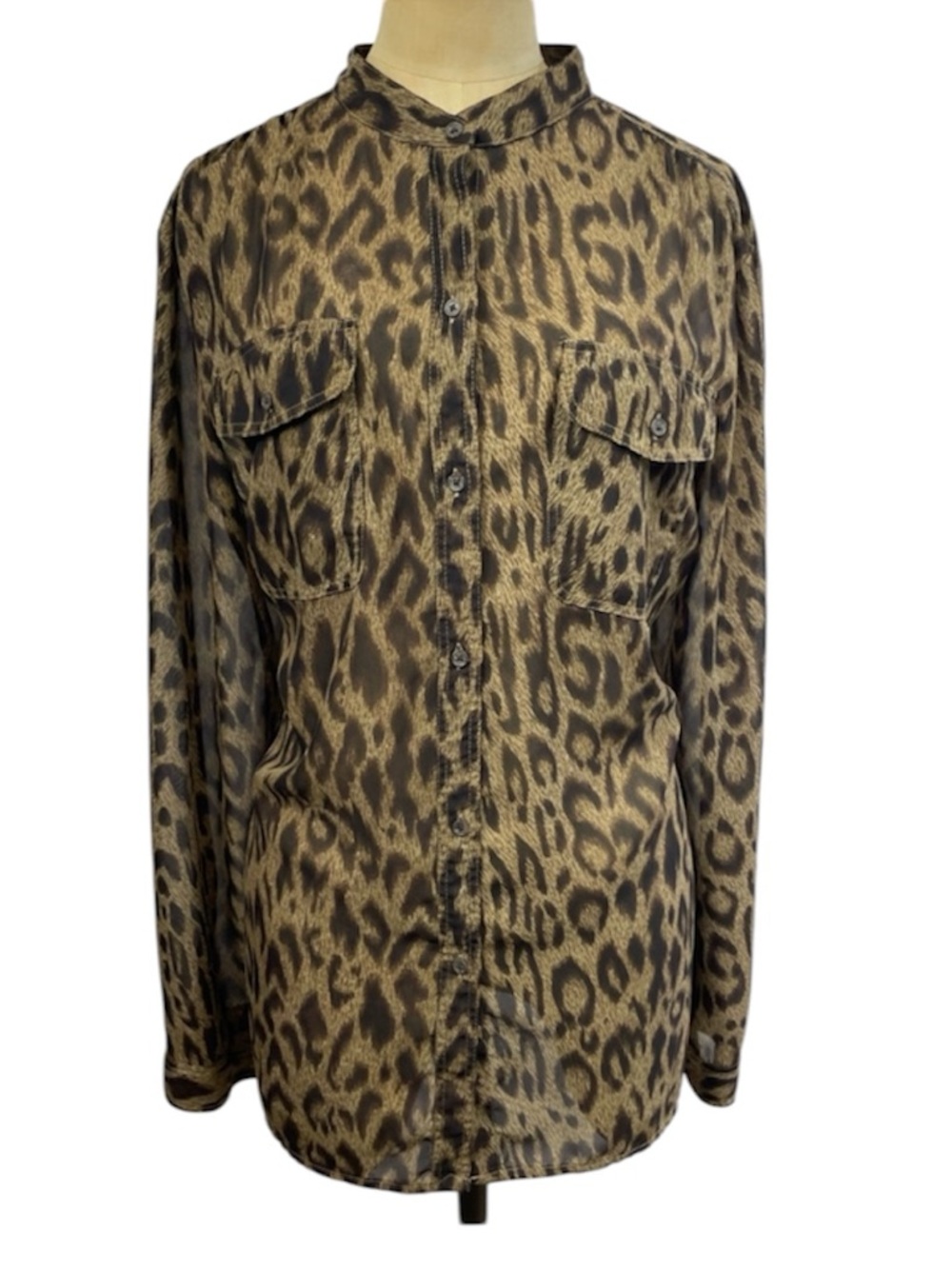 Chaps Leopard Print Blouse XL Priest Collar Sheer Brown Black Animal Print Top